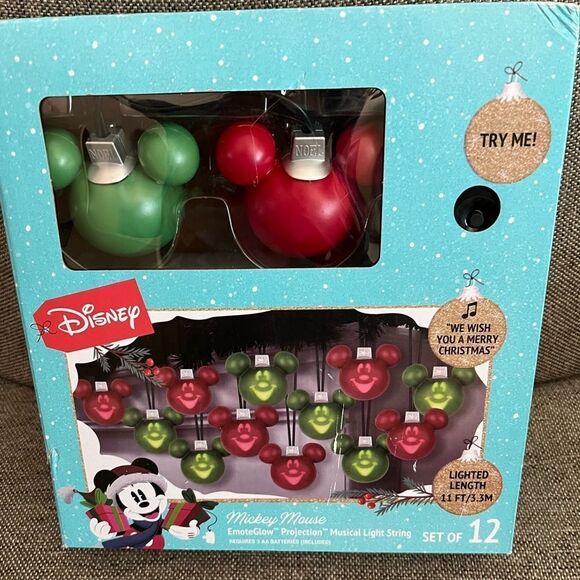 Disney Mickey Mouse Ears Red and Green Musical String Lights- Set of 12 - Picture 1 of 3